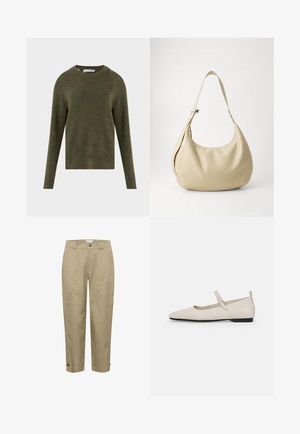 Olivengrøn langærmet uldsweater med rund hals og blødt tekstureret stof, mærket "Selected Femme" inde i kraven.; Beige, lette bukser med lige pasform, der har sidelommer og knapdetaljer i kanten for justerbar pasform og stil.; Hvide ballerinasko i læder med spids tå, ankelsnor og lav sort hæl. Glat tekstur med minimale detaljer.; Beige læder skuldertaske med en buet form, justerbar rem og præget logo detalje, der har en glat tekstur og minimalistisk design.