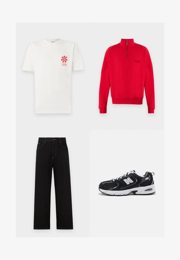 Roter Pullover mit halbem Reißverschluss am Kragen, gerippten Bündchen und Saum. Mit schwarzem Logo auf der linken Seite. Hergestellt aus weichem Material.; Weißes Baumwoll-T-Shirt mit einem roten grafischen Blumenmuster auf der linken Brust und dem Text "the new originals" darunter. Kurze Ärmel, Rundhalsausschnitt.; Schwarze Jeans mit geradem Schnitt, ausgestattet mit Fronttaschen, kontrastierenden gelben Nähten und einem Knopfverschluss an der Taille.; Schwarze und graue Sportschuhe mit Obermaterial aus Mesh und Wildleder, ausgestattet mit einer weißen Zwischensohle, Schnürsenkeln und einem markanten "N"-Logo an der Seite.