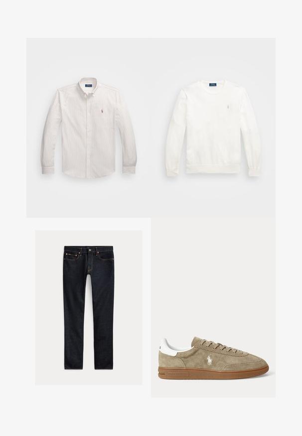 Witte sweatshirt met lange mouwen en ronde hals, met ribgebreide manchetten en onderrand, gemaakt van zacht materiaal, met een klein geborduurd logo op de linker borst.; Witte button-up blouse met dunne verticale strepen in lichtbeige. Heeft een klassieke kraag, lange mouwen en een klein geborduurd logo op de borst.; Donkerblauwe slim-fit jeans met vijf zakken, knoopsluiting en contrasterende stiksels, plat gelegd op een lichte achtergrond.; Beige suède lage sneaker met bruine zool, witte hiel-detail, veters en een wit geborduurd polo-speler logo aan de zijkant.