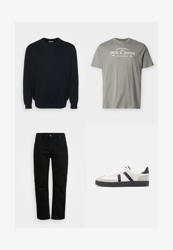 Sweater noir à col ras du cou en tricot doux. Manches longues avec des poignets ajustés, couleur unie et design décontracté.; T-shirt gris clair à manches courtes avec texte blanc "Creative Community 1990 Jack & Jones Reg. premium TM" sur la poitrine.; Jean noir en coton, avec une coupe classique, un design à cinq poches et un bouton métallique. Texture lisse avec des jambes droites.; Baskets blanches avec des accents noirs et gris, présentant un embout texturé gris, une semelle en caoutchouc noir et des lacets plats blancs. Design épuré, style minimaliste.