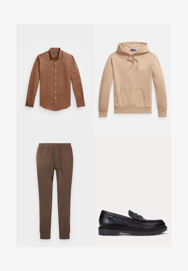 Beige hoodie gemaakt van een zachte katoenmix, met een voorvak, capuchon met trekkoord en een klein geborduurd logo op de borst.; Bruine overhemd met lange mouwen, gemaakt van linnen, met een klassieke kraag, knopen aan de voorkant en een klein blauw logo op de borst.; Bruine trainingsbroek van zacht, rekbaar materiaal met een elastische tailleband, trekkoord en geribbelde boorden. Klein logo linksboven.; Zwarte leren loafer met dikke geprofileerde zool en klein groen "Polo" label aan de buitenkant bij de hiel.