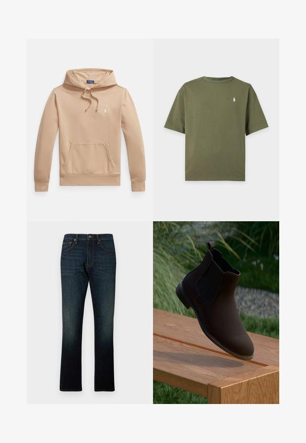 Sweat à capuche beige en mélange de coton doux, doté d'une poche kangourou à l'avant, d'une capuche avec cordon de serrage et d'un petit logo brodé sur la poitrine.; T-shirt uni vert olive à manches courtes avec col rond et petit logo blanc cheval et cavalier sur la poitrine gauche.; Jean denim bleu foncé à jambe droite avec cinq poches et coutures orange, présenté à plat sur fond blanc.; Botte cheville en cuir marron avec des panneaux élastiques sur les côtés, bout rond, petit talon et une languette pour un enfilage facile, reposant sur une surface en bois.