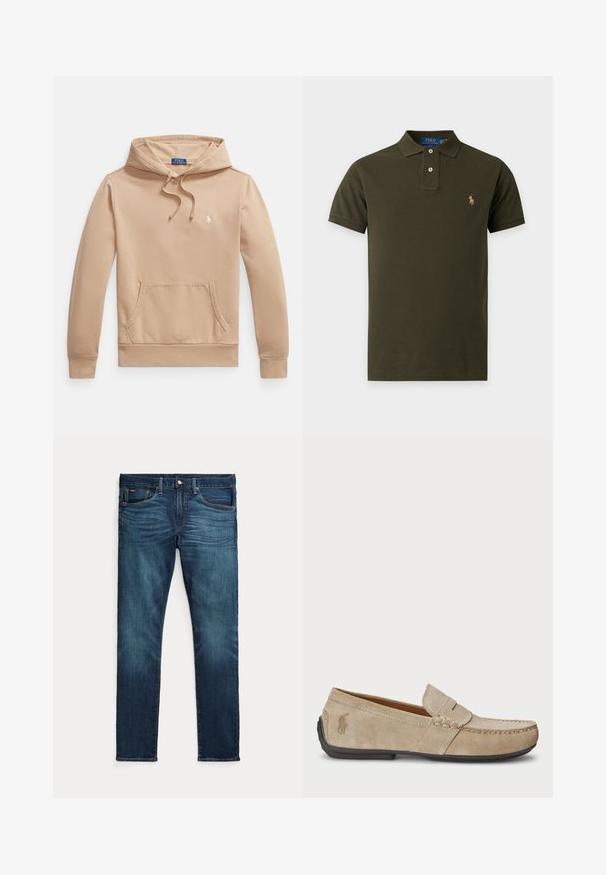 Beige hoodie gemaakt van een zachte katoenmix, met een voorvak, capuchon met trekkoord en een klein geborduurd logo op de borst.; Donkergroen polohemd met korte mouwen, twee knopen en een klein geborduurd logo op de linkerborst.; Donkerblauwe slim-fit jeans met vooraan een knoop en ritssluiting, vijf zakken en subtiel vervagen op de voorkant van de dijen en knieën.; Beige suède instappers met een gestikt detail, platte rubberen zool en een klein logo aan de zijkant. Klassiek instapontwerp, zachte textuur.