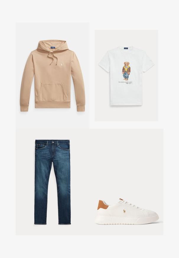 Beiger Hoodie aus weichem Baumwollmischgewebe, mit einer vorderen Kängurutasche, Kapuze mit Kordelzug und kleinem gesticktem Logo auf der Brust.; Weißes Baumwoll-T-Shirt mit einer Grafik eines gekleideten Cartoon-Bären. Auffällige Details sind eine braune Jacke, eine gelbe Kapuzenjacke und blaue Jeans.; Dunkelblaue Slim-Fit-Jeans mit vorderem Knopf und Reißverschluss, fünf Taschen sowie dezenter Verfärbung an den vorderen Oberschenkeln und Knien.; Weißer Sneaker mit niedrigem Schaft, beige Fersenlasche, weißen Schnürsenkeln und kleinem, besticktem Polospieler-Logo an der Seite über einer dicken Sohle.