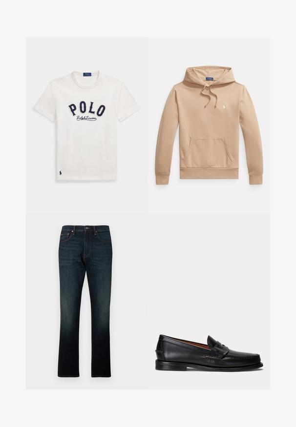 Sudadera beige hecha de una suave mezcla de algodón, con bolsillo tipo canguro frontal, capucha con cordón y pequeño logo bordado en el pecho.; Camiseta blanca de manga corta con texto "POLO Ralph Lauren" en azul marino en el pecho y un pequeño logo de jugador de polo en azul marino cerca del bajo.; Vaqueros de denim azul oscuro de pierna recta con cinco bolsillos y costuras naranjas, mostrados planos sobre un fondo blanco.; Mocasín negro de cuero con tacón bajo y detalle de correa para moneda, mostrado de lado sobre un fondo gris claro.