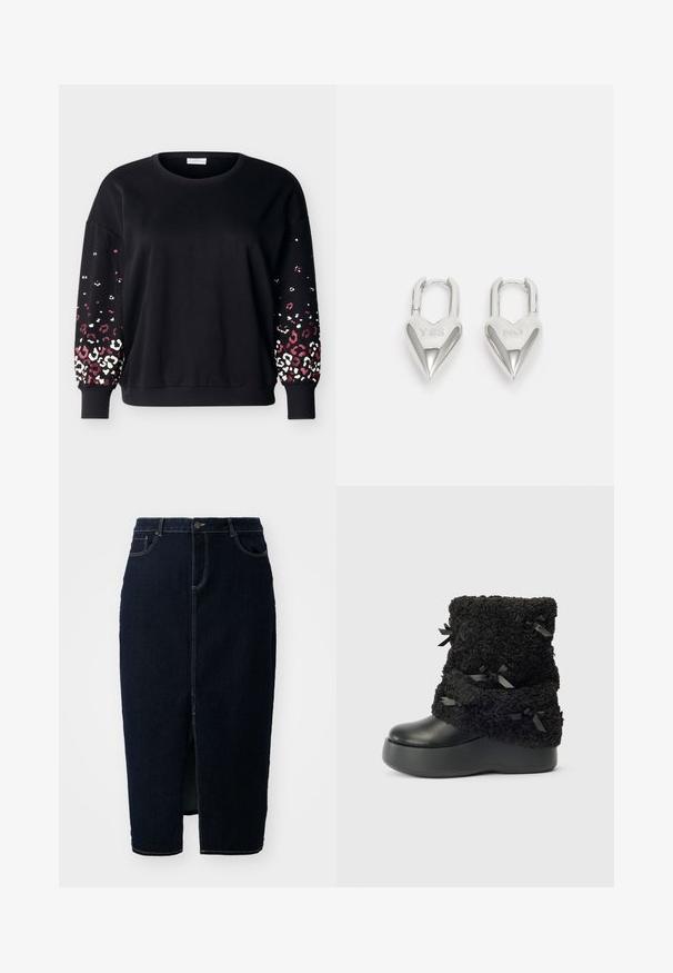 Sort langærmet sweatshirt med rund hals og ribbede manchetter, med lyserødt og hvidt leopardmønster på de nederste ærmer.; Mørk denim blyantskørt med en frontslids, knaplukning og synlige sømdetaljer. Designet til en tætsiddende silhuet.; Sort platform ankelstøvle med tekstureret kunstpels og små dekorative satinbuer, sidevisning på ensfarvet baggrund.; Sølv hjerteformede hængelåse med indgraveret "JA" og "NEJ" tekst, poleret finish, symmetrisk design og en robust metalklap.