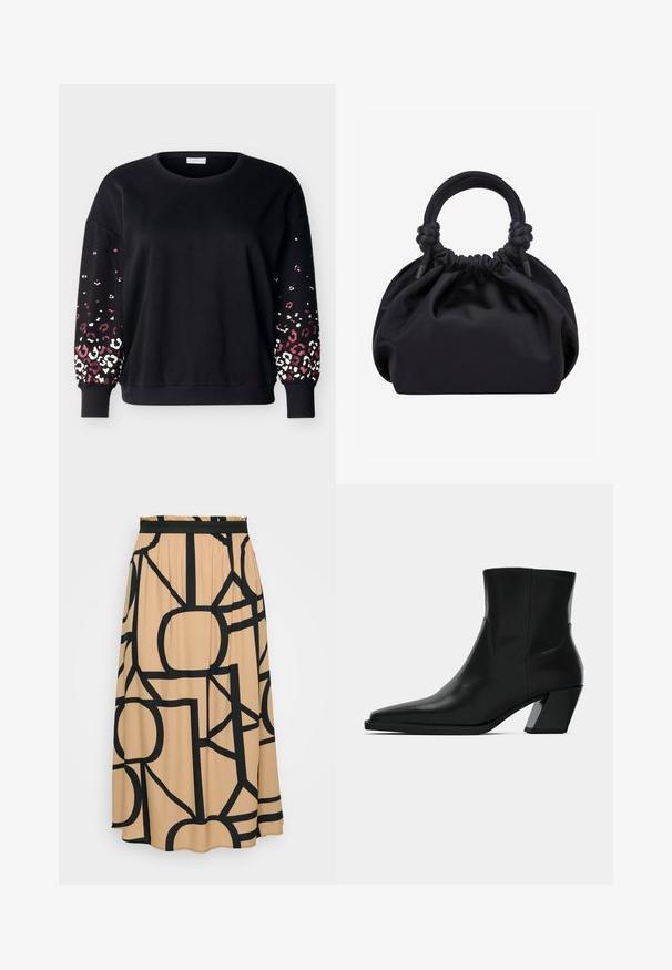 Sort langærmet sweatshirt med rund hals og ribbede manchetter, med lyserødt og hvidt leopardmønster på de nederste ærmer.; En lang beige nederdel med et sort geometrisk mønster. Funktioner et elastisk taljebånd og en glat stoftekstur. Rundet søm i bunden.; Sortlæder ankelstøvle med spids tå, en slank silhuet og en kraftig firkantet hæl. Glat tekstur med minimale stikninger.; Sort blød stofhåndtaske med samlet top og cirkulære polstrede håndtag bundet med knuder på hver side.