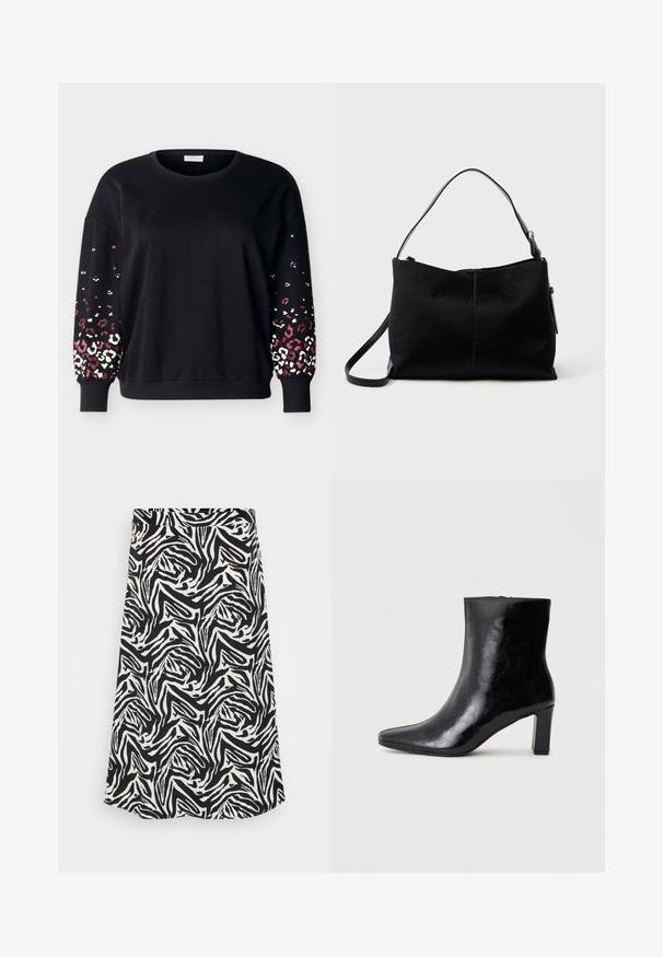 Sort langærmet sweatshirt med rund hals og ribbede manchetter, med lyserødt og hvidt leopardmønster på de nederste ærmer.; Sorte og hvide nederdel med et snurrende zebra mønster, med en lige skæring og nederste kant. Fremstillet af et glat, letvægtigt stof.; Sorte ankelstøvler lavet af blank læder, med spidse tæer og en mellemstor blokhæl, med en glat tekstur og et enkelt design.; Sort skuldertaske med en glat, tekstureret overflade, prydet med en enkelt rem og en lynlåslukning øverst. Kompakt rektangulær form.