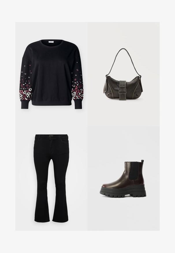 Schwarzer langärmeliger Pullover mit Rundhalsausschnitt und gerippten Bündchen, mit pink-weißem Leopardenmuster auf den unteren Ärmeln.; Schwarze Schlagjeans aus Denim mit Knopfverschluss, fünf Taschen und einer glatten Textur. Klassisches Design mit ausgestellt geschnittenem Saum.; Braune Leder-Ankle-Boots mit elastischen Seitenpaneelen, robuster schwarzer Plateau-Sohle und Zugschlaufe. Sie verfügen über eine glatte Oberfläche und ein robustes Profil.; Schwarze Leder-Schultertasche mit Schnallengurt-Detail, abgerundeten Kanten und kontrastierenden weißen Nähten auf schlichtem Hintergrund.