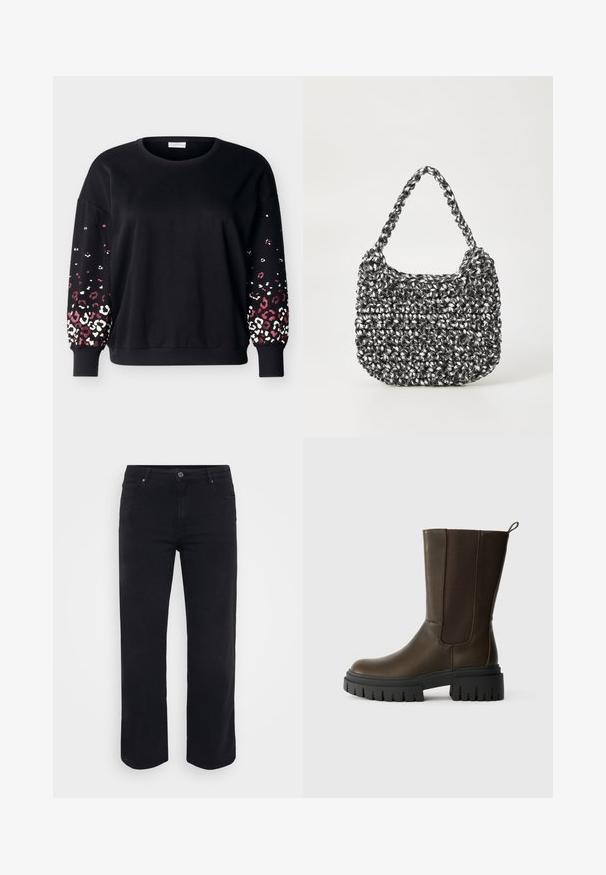 Sort langærmet sweatshirt med rund hals og ribbede manchetter, med lyserødt og hvidt leopardmønster på de nederste ærmer.; Sorte denimjeans med lige ben-design. Funktioner inkluderer en knaplukning i taljen, bæltestropper og front-/baglommer. Glat tekstur.; Brune læder ankelstøvle med elastiske sidepaneler, chunky sort gummisål og en løkke for nem påtagning. Glat tekstur og moderne design.; Vævet håndtaske i sort og hvid med en rund form, tekstureret overflade og et fletet håndtag. Velegnet til afslappet brug.