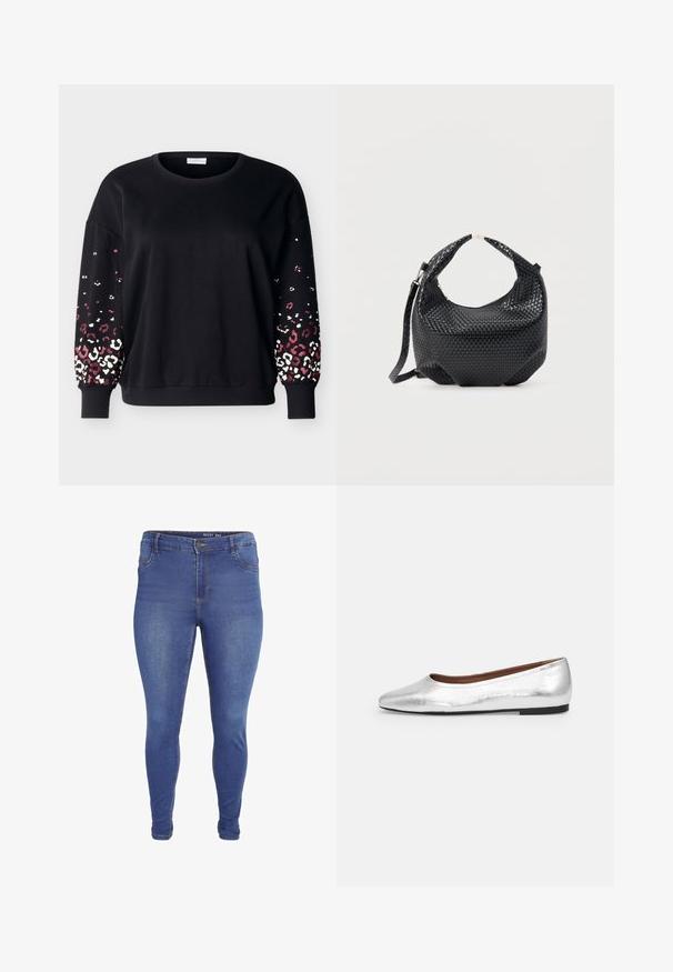 Sort langærmet sweatshirt med rund hals og ribbede manchetter, med lyserødt og hvidt leopardmønster på de nederste ærmer.; Blå skinny jeans med forlommer, bæltestropper, knaplukning og let falmet effekt på lår og knæ.; Sølvmetallic balletflad med rund tå, glat tekstur og en lav, sort gummisål. Simpelt design uden udsmykninger.; Sort flettet læderhåndtaske med kort håndtag og aftagelig skulderrem, vist mod en ensfarvet lys baggrund.