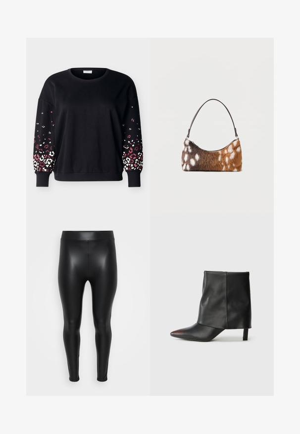 Zwarte longsleeve sweatshirt met ronde hals en geribbelde manchetten, met een roze-wit luipaardprintpatroon op de onderarmen.; Zwarte leggings van een glad, glanzend materiaal. Hoge tailleband, strakke pasvorm en geen zichtbare naden of patronen.; Zwarte enkellaars van glad leer met een puntige neus en een taps toelopende hak. Het bovenwerk heeft een licht geplooid ontwerp.; Schoudertas met bruin-witte gevlekte nepbont en een dunne zwarte riem, weergegeven op een witte achtergrond.
