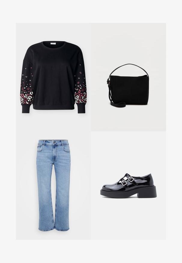 Sweat-shirt noir à manches longues avec col rond et poignets côtelés, présentant un motif léopard rose et blanc sur le bas des manches.; Jeans larges de couleur bleu clair en denim, avec cinq poches, une fermeture éclair à l'avant et un bouton. Détails de couture subtils le long des coutures.; Chaussures à plateforme en cuir verni noir avec talon large, design découpé, et deux boucles argentées sur le dessus du pied. Semelle en caoutchouc plate.; Sac à main rectangulaire noir avec une courte poignée et une bandoulière amovible, présenté sur un fond clair uni.