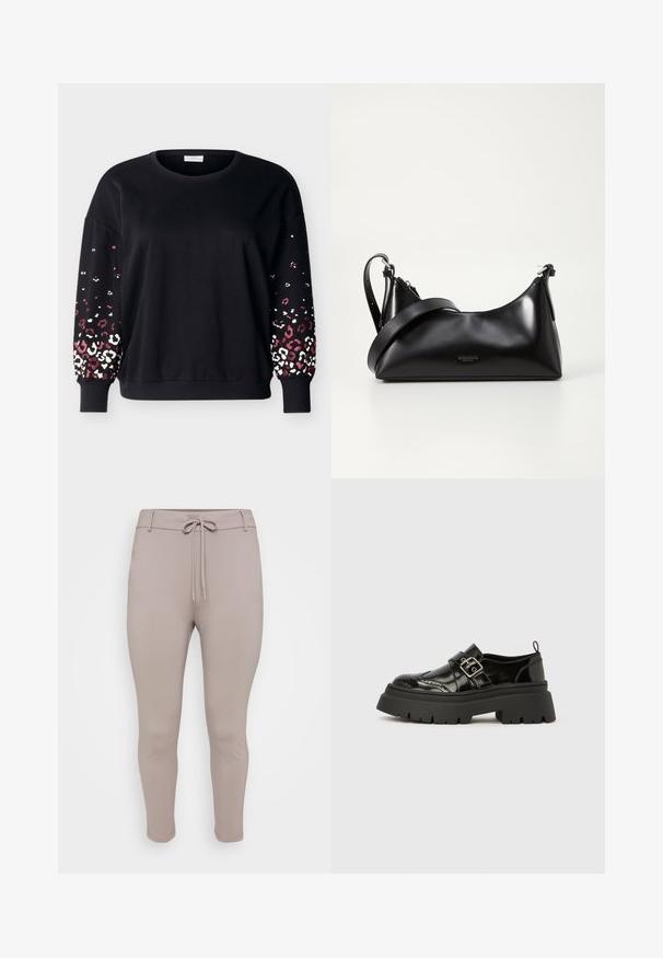 Sweat-shirt noir à manches longues avec col rond et poignets côtelés, présentant un motif léopard rose et blanc sur le bas des manches.; Pantalons de jogging ajustés, beige clair, avec une taille élastique à cordon de serrage et des jambes fuselées, présentés sur un fond uni.; Mocassin en cuir verni noir avec une semelle crantée épaisse, des détails brogués et une bride à boucle argentée franchissant le cou-de-pied.; Sac à main en cuir noir avec une texture lisse. Dispose d'une bandoulière adjustable et d'un design élégant et minimaliste avec une fermeture éclair.