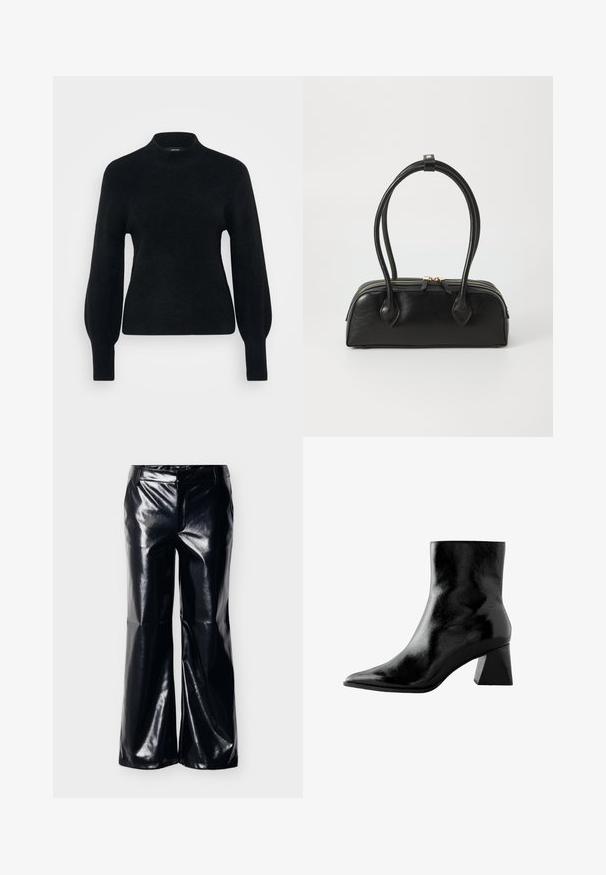 Vero Moda Petite VMPIPPA HIGHNECK - Svetrík - black; Čierne široké nohavice z umelej kože s lesklým povrchom, so stredne vysokým pásom a čistým predným dizajnom, vhodné pre rôzne štýly.; Čierna členková obuv s lesklým povrchom, špicatou špičkou a masívnym štvorcovým opätkom. Hladká textúra s elegantným, minimalistickým dizajnom.; Čierna kožená kabelka s dvoma predĺženými ušami, zipsovým uzáverom a zaobleným tvarom; hladký povrch s jemným lesklým nádychom.