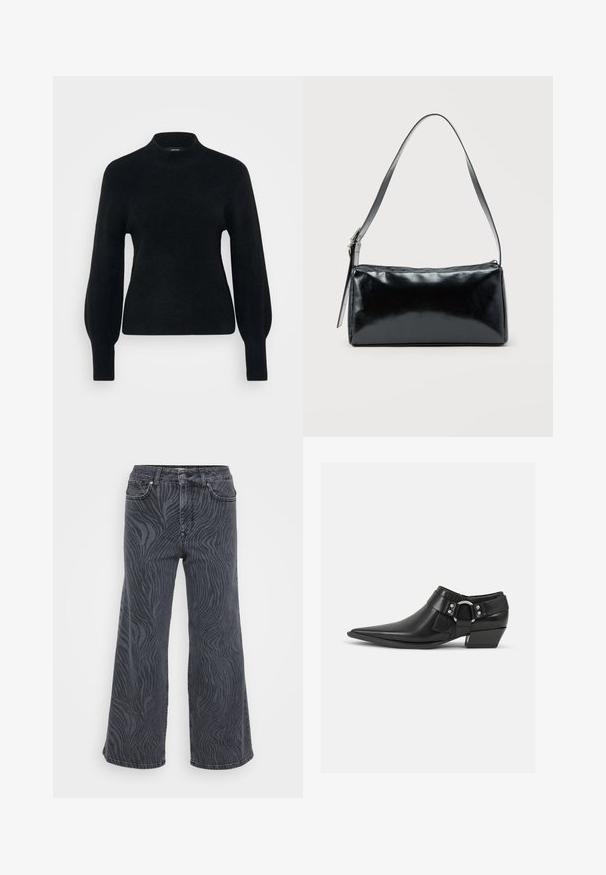 Vero Moda Petite VMPIPPA HIGHNECK - Strickpullover - black; Weite Jeans aus dunkelgrauem Denim mit einem Zebramuster. Klassisches Fünf-Taschen-Design mit Knopf- und Reißverschluss.; Schwarze Leder-Ankle-Boots mit spitzem Zeh, ausgestattet mit einem vorderen Leder-Riemen und einem silbernen Schnallendetail sowie einem niedrigen Blockabsatz.; Schwarze rechteckige Schultertasche mit einem verstellbaren Riemen und einem oberen Reißverschluss vor einfachem Hintergrund.