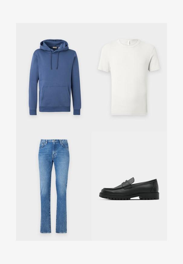 Sweat à capuche en coton bleu avec cordon de serrage à la capuche, poche kangourou à l'avant et poignets côtelés. Texture lisse avec un design simple et uni.; T-shirt blanc uni à manches courtes et col rond, étalé à plat sur un fond gris clair, avec une petite étiquette en tissu au niveau du col.; Jeans en denim bleu clair avec une coupe droite, taille mi-haute et style à cinq poches. Comprend des coutures visibles et une fermeture à bouton.; Mocassins en cuir noir à bout arrondi, avec un design cousu, une semelle plateforme basse et une semelle en caoutchouc texturée et crantée.