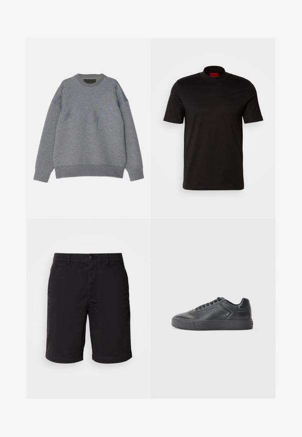 Hallhalli sweatshirt ümmarguse kaelusega, millel on rinnaosas tumedamas toonis välgu muster. Pehme kangas, mugav lõige.; Must t-särk lühikeste varrukatega, kõrge kaelusega. Valmistatud siledast kangast. Sisekaeluses on punane brändi silt.; Mustad mustad kergedest kangast, millel on nuppe, standardne vöökoht ja sirge lõige. Ei ole mustreid ega nähtavaid aksessuaare.; Must musta tossud, ümar nina, tasase rubberist tald ja kontrastsete õmblustega. Külgedel on logo ja nööbivärv.