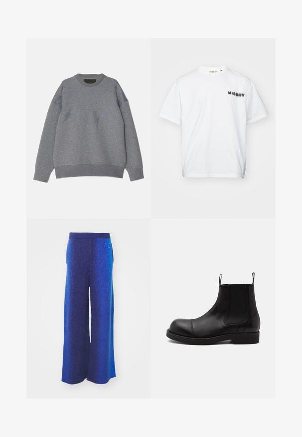 Grijze sweatshirt met een ronde halslijn, voorzien van een bliksemflits patroon in een iets donkere tint over de borst. Zachte stof, ontspannen pasvorm.; MISBHV COMMUNITY - T-shirt print - white; Wijd-uitlopende broek in een verloop van blauwtinten, met een getextureerde stof, elastische tailleband en zijzakken. Subtiele geborduurde details op de taille.; Zwarte leren Chelsea-boot met afgeronde neus, elastische zijpanelen, aantreklussen voor en achter, platte zool, van opzij getoond op witte achtergrond.