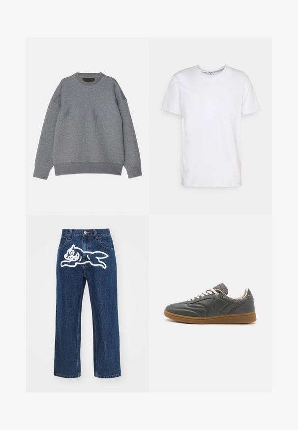 Grijze sweatshirt met een ronde halslijn, voorzien van een bliksemflits patroon in een iets donkere tint over de borst. Zachte stof, ontspannen pasvorm.; Witte t-shirt met korte mouwen, gemaakt van katoen. Heeft een ronde halslijn en een comfortabele pasvorm zonder zichtbare patronen of accessoires.; Donkerblauwe wijde jeans met een grote witte cartoonhond graphic op de achterzak. Denimtextuur, traditionele vijf-pocket ontwerp.; Donkergrijze leren sneaker met een ronde neus, witte veters, tan rubberen zool en subtiele grijze stofaccenten op de kraag. Gouden logo-detail.