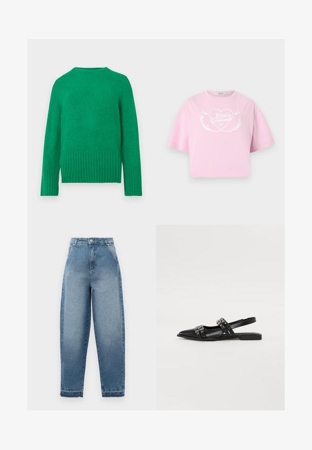 Groene gebreide trui met lange mouwen, een ronde halslijn en een geribbelde zoom, welke een zachte textuur en gelijkmatige stitching vertoont.; Lichtroze cropped T-shirt met een wit hartontwerp en de tekst "Chica Caliente" aan de voorkant, korte mouwen en een ronde halslijn.; Lichtblauwe denim jeans met een hoge taille, losse pasvorm, vijfzakkenontwerp en rafelige zoom. Kenmerkt klassieke stiksels en een ritssluiting.; Even&Odd Slingback ballerina´s - black
