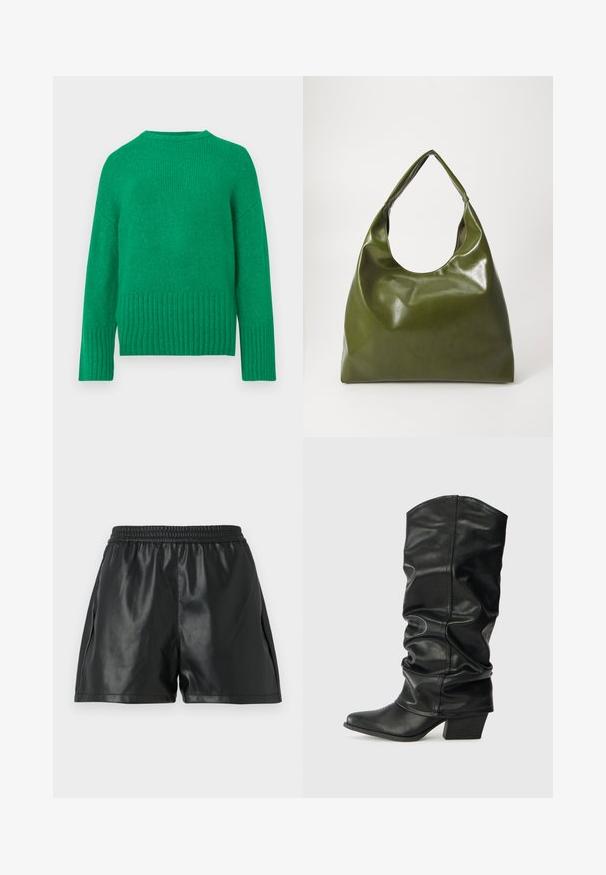 Grøn strikket sweater med lange ærmer, rund halsudskæring og ribbet kant, der fremhæver en blød tekstur og ensartet syning.; Sorte shorts i kunstlæder med elastisk talje, der har en glat tekstur og løs pasform. Ingen synlige mønstre eller detaljer.; Sorte læderknæhøje støvler med et skrånet design, spids tå og chunky hæl, der har en glat overflade og minimal syning.; Grøn læder hobo taske med en slouchy design, buet håndtag og glat tekstur. Indeholder ingen synlig hardware eller accenter.