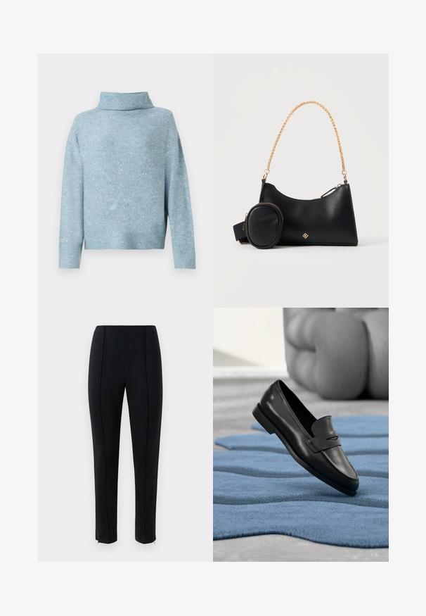 Pull bleu clair à col montant, à manches longues et à la texture douce. Présente des accents de paillettes argentées dispersées tout au long.; Pantalons slim-fit noirs avec des plis sur le devant, taille haute et zips aux chevilles sur un fond blanc uni.; Mocassin en cuir noir posé sur un tapis bleu texturé avec un fauteuil gris capitonné en arrière-plan.; Sac à main en cuir noir avec petite pochette attachée et bandoulière chaîne dorée sur un fond clair uni.