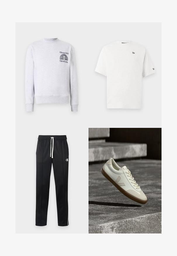 Lys grå sweatshirt i bomuldsblanding, med rund halsudskæring, ribbede mansjetter og kant, samt broderet logo 'Ellesse 1959 Club di Corsa' på brystet.; Hvid bomulds t-shirt med korte ærmer, rund hals og et lille sort logo på venstre bryst og højre ærme.; Sorte atletiske bukser med hvid snor, sidelister, frontlommer og et lille hvidt Champion-logo på venstre lår.; Hvide læder sneakers med tanfarvet gummisål, flade snørebånd og V-formet detalje på siden. Har en glat overflade og minimale syninger.