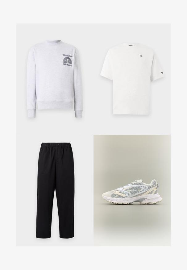 Lichtgrijze sweatshirt in een katoenmix, met een ronde halslijn, ribbelmanchetten en een ribbelzoom, voorzien van een geborduurd logo 'Ellesse 1959 Club di Corsa' op de borst.; Witte katoenen t-shirt met korte mouwen, een ronde hals en een klein zwart logo op de linker borst en de rechter mouw.; Zwarte, wijde broeken met een elastische tailleband en een enkele knoop. Gemaakt van een gladde, lichte stof. Rechte zoom.; Witte sportschoen met grijze netpanelen, gestructureerde overlays, een gepolsterde kraag en een rubberen zool met kleine tractiespitten.
