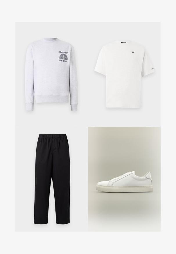 Sudadera gris claro en mezcla de algodón, con cuello redondo, puños y dobladillo acanalados, y logo bordado 'Ellesse 1959 Club di Corsa' en el pecho.; Camiseta blanca de algodón con mangas cortas, cuello redondo y un pequeño logo negro en el lado izquierdo del pecho y la manga derecha.; Pantalones negros de pierna ancha con cintura elástica y un solo botón. Fabricados con una tela suave y ligera. Dobladillo recto.; Zapatilla blanca de perfil bajo con cordones en la parte delantera y suela gruesa, mostrada de lado sobre un fondo neutro.