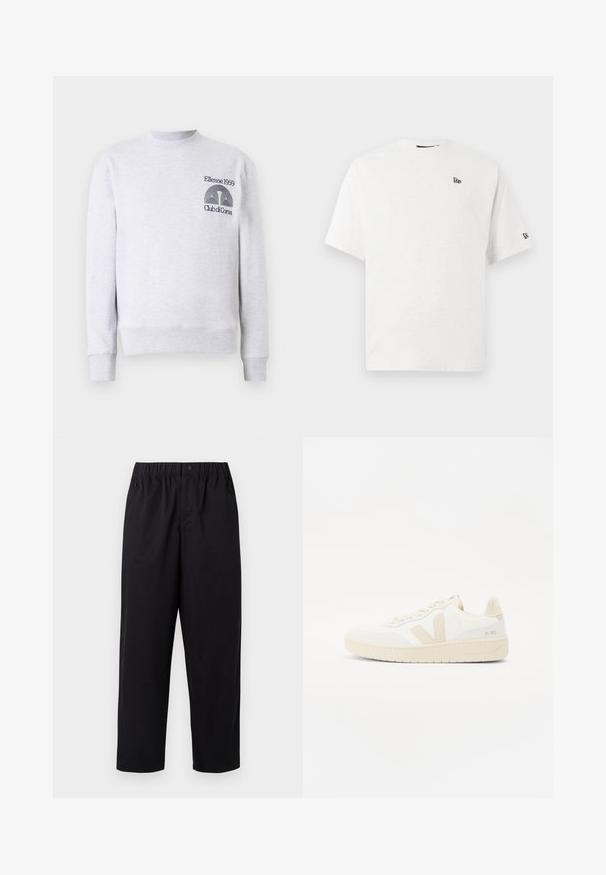 Sudadera gris claro en mezcla de algodón, con cuello redondo, puños y dobladillo acanalados, y logo bordado 'Ellesse 1959 Club di Corsa' en el pecho.; Camiseta blanca de algodón con mangas cortas, cuello redondo y un pequeño logo negro en el lado izquierdo del pecho y la manga derecha.; Pantalones negros de pierna ancha con cintura elástica y un solo botón. Fabricados con una tela suave y ligera. Dobladillo recto.; Zapatilla blanca con acentos beige, que presenta un upper texturizado, punta redonda y suela de goma gruesa. El diseño incluye el icónico logo V y marcas.