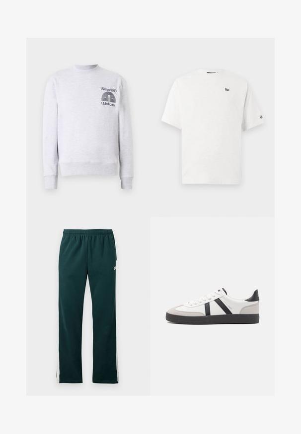 Lys grå sweatshirt i bomuldsblanding, med rund halsudskæring, ribbede mansjetter og kant, samt broderet logo 'Ellesse 1959 Club di Corsa' på brystet.; Hvid bomulds t-shirt med korte ærmer, rund hals og et lille sort logo på venstre bryst og højre ærme.; Mørkegrønne sweatpants med elastisk hænger og hvide striber, der løber ned ad ydersiden af benene.; Hvide sneakers med sorte og grå detaljer, med en tekstureret grå tåhætte, sort gummisål og flade hvide snørebånd. Rent design, minimalistisk stil.