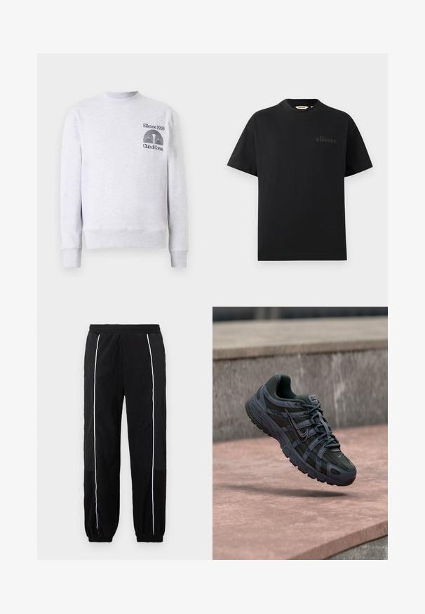 Sweatshirt gris clair en mélange de coton, avec un col rond, des poignets et un ourlet côtelés, et un logo brodé 'Ellesse 1959 Club di Corsa' sur la poitrine.; T-shirt noir en coton avec un col rond standard et des manches courtes. Présente un logo en relief subtil sur la poitrine.; Pantalons de survêtement noirs avec des rayures blanches sur les côtés, taille élastique et poignets. Fabriqué à partir d'un tissu doux et texturé pour le confort et la flexibilité.; Chaussure de course Nike gris foncé avec un design en mesh et en synthétique, flottant au-dessus d'une surface en béton rosée avec un fond en pierre grise.