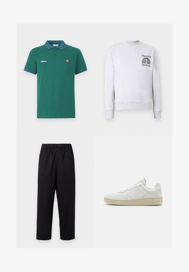 Sweatshirt gris clair en mélange de coton, avec un col rond, des poignets et un ourlet côtelés, et un logo brodé 'Ellesse 1959 Club di Corsa' sur la poitrine.; Chemise polo verte en coton avec un col et des poignets bleus contrastants. Elle arbore un logo brodé et un petit design coloré sur la poitrine.; Pantalons larges noirs avec une taille élastique et un seul bouton. Fabriqués à partir d'un tissu lisse et léger. Ourlet droit.; Baskets en cuir blanc avec une finition texturée et un col rembourré. Elles sont dotées d'une semelle en caoutchouc beige et d'une discrète branding sur le talon et le côté.