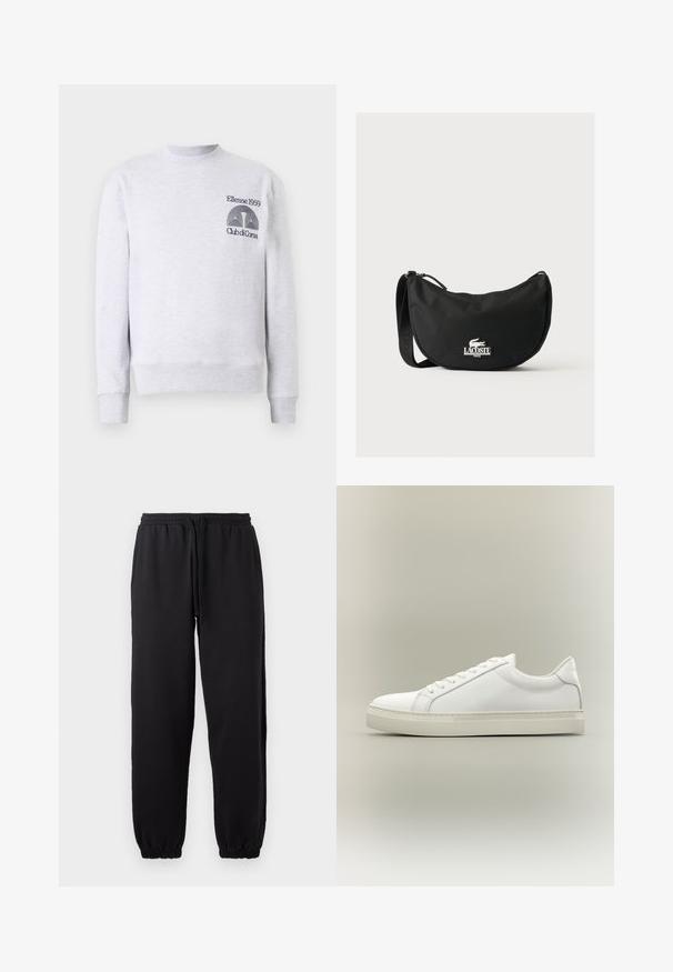 Lys grå sweatshirt i bomuldsblanding, med rund halsudskæring, ribbede mansjetter og kant, samt broderet logo 'Ellesse 1959 Club di Corsa' på brystet.; Sorte joggingbukser lavet af blødt stof, med elastisk talje og justerbar snor, samt manchetter ved bunden.; Hvid lavtop sneaker med snørebånd foran og tyk sål, vist fra siden mod en neutral baggrund.; Sort Lacoste skuldertaske med buet form, justerbar rem og hvidt præget krokodillelogo over mærkenavnet foran.