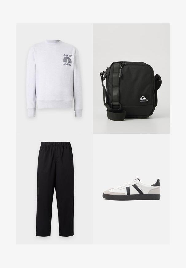 Lys grå sweatshirt i bomuldsblanding, med rund halsudskæring, ribbede mansjetter og kant, samt broderet logo 'Ellesse 1959 Club di Corsa' på brystet.; Sorte, vide ben bukser med elastisk talje og en enkelt knap. Lavet af et glat, letvægtsstof. Lige kant.; Hvide sneakers med sorte og grå detaljer, med en tekstureret grå tåhætte, sort gummisål og flade hvide snørebånd. Rent design, minimalistisk stil.; Kompakt sort crossbody taske med justerbar rem, frontlomme med lynlås og et lille hvidt Quiksilver logo-patch.