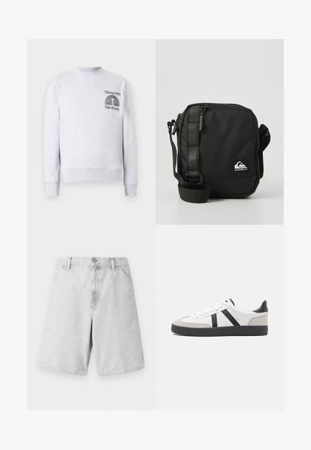 Lys grå sweatshirt i bomuldsblanding, med rund halsudskæring, ribbede mansjetter og kant, samt broderet logo 'Ellesse 1959 Club di Corsa' på brystet.; Lys grå bomuldsshorts med klassisk pasform, der har lynlås, bæltestropper og sidelommer. Glat tekstur med enkelt design.; Hvide sneakers med sorte og grå detaljer, med en tekstureret grå tåhætte, sort gummisål og flade hvide snørebånd. Rent design, minimalistisk stil.; Kompakt sort crossbody taske med justerbar rem, frontlomme med lynlås og et lille hvidt Quiksilver logo-patch.