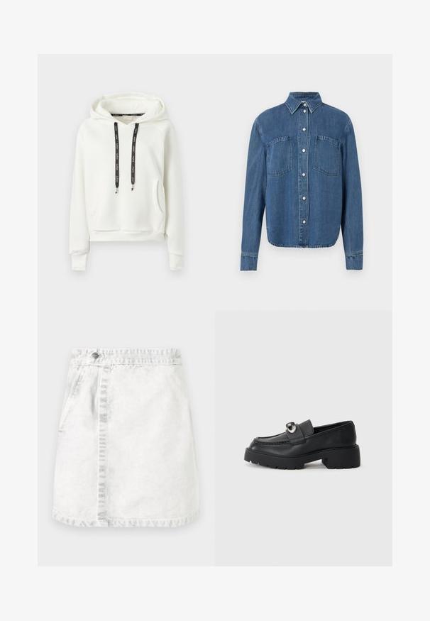 Hvid sweatshirt med hætte, frontlomme og sorte snore, der har hvidt trykt tekst.; Blå denimskjorte med krave, lange ærmer, to brystlommer og knaplukning. Har en let buet kant og tekstureret stof.; Denim nederdel i lysegrå. A-line design med frontlommer, en synlig søm ned ad midten og en enkelt metalknap i taljen.; Sorte læder loafers med en tyk, klodset sål, der har en fremtrædende metalaccent på remmen og syningdetaljer langs kanterne.