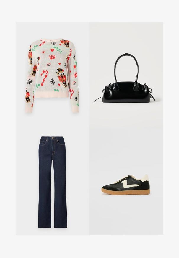 Lys beige sweater med juletema mønstre, herunder nisseknækkere, gaver, slikstænger og hjerter. Ribbet lyserød halsudskæring og mansjetter.; Mørkeblå denim jeans med lige ben, featuring en frontlukning med knap, fem lommer og kontrasterende syninger.; Sorte ruskinds- og lædersneakers med en cremefarvet side-swoosh og lys cremefarvet hæl. Har beige snørebånd og en gummirubber-sål.; Lille sort blank håndtaske med to lange håndtag og snøre-detaljer i siden på en ensfarvet lys baggrund.