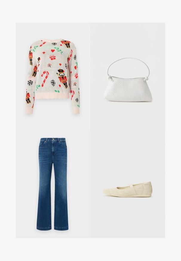 Suéter beige claro con patrones navideños que incluyen cascanueces, regalos, bastones de caramelo y corazones. Cuello y puños acanalados en color rosa.; Jeans de mezclilla azul de pierna ancha con una cintura alta, cinco bolsillos y un cierre de botón clásico. La tela tiene una textura suave y ligeramente deslavada.; Bailarinas beige con un exterior de cuero liso, punta en forma de almendra y una correa elástica en el empeine, con detalles de costura sutiles.; Bolso de mano de cuero blanco tejido con asa redondeada y extremos de la correa anudados, exhibido sobre un fondo liso.