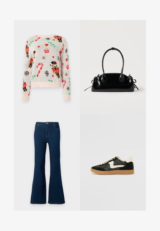 Lys beige sweater med juletema mønstre, herunder nisseknækkere, gaver, slikstænger og hjerter. Ribbet lyserød halsudskæring og mansjetter.; Mørkeblå jeans med udvidet ben, lavet af denim. Funktioner inkluderer frontlukning med knap, femlommeredesign og syede detaljer på lommerne.; Sorte ruskinds- og lædersneakers med en cremefarvet side-swoosh og lys cremefarvet hæl. Har beige snørebånd og en gummirubber-sål.; Lille sort blank håndtaske med to lange håndtag og snøre-detaljer i siden på en ensfarvet lys baggrund.