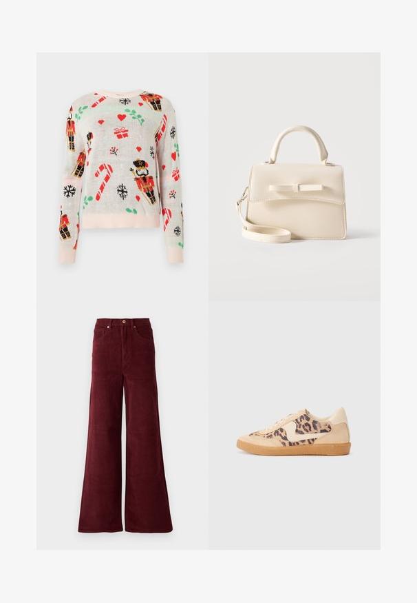 Suéter beige claro con patrones navideños que incluyen cascanueces, regalos, bastones de caramelo y corazones. Cuello y puños acanalados en color rosa.; Pantalones de pana de pierna ancha en burdeos, con una cintura alta, bolsillos frontales y cierre de botón. Tela texturada de canalé en toda la prenda.; Zapatillas de leopardo con parte superior de ante beige, suela de goma marrón y acentos blancos. Punta redonda y diseño con cordones con un acabado texturado.; Pequeño bolso beige con asa superior, correa desmontable, solapa frontal y lazo decorativo horizontal sobre un fondo liso.