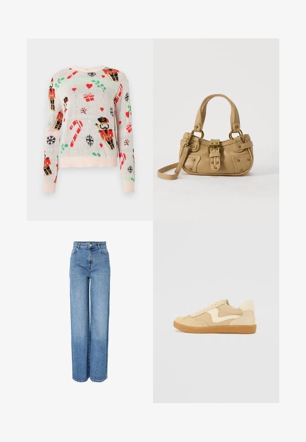 Pull léger beige mettant en avant des motifs de Noël, incluant des soldats de bois, des cadeaux, des cannes en sucre et des cœurs. Col et poignets côtelés de couleur rose.; Jean en denim bleu, taille haute, coupe droite, avec fermeture à boutons et zip à l'avant, passants pour ceinture et poches avant et arrière.; Sneaker beige avec des matériaux en daim et en maille, forme arrondie, col rembourré proéminent et semelle en caoutchouc gomme. Présente un accent de design en forme de vague.; Sac à main en cuir beige avec double poignées, boucle en laiton et détails rivetés, ainsi qu'une bandoulière réglable sur fond blanc.