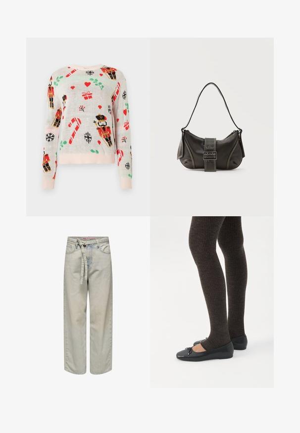 Ανοιχτό καφέ πουλόβερ με χριστουγεννιάτικα σχέδια, συμπεριλαμβανομένων στρατιωτών, δώρων, καραμέλων και καρδιών. Ριγωτός ροζ λαιμός και μανσέτες.; Ανοιχτό μπλε παντελόνι τζιν σε φαρδιά γραμμή με ζώνη στη μέση, διαθέτει φθαρμένη λεπτομέρεια και κλασικό σχέδιο πέντε τσεπών, κατασκευασμένο από ύφασμα τζιν.; Πόδια με σκουρόχρωμα ριμπ κολάν συνδυασμένα με μαύρα μπαλαρίνα παπούτσια με μικρές λεπτομέρειες φιόγκων σε λευκό φόντο.; Μαύρη δερμάτινη τσάντα ώμου με λεπτομέρεια ιμάντα με πόρπη, καμπυλωτές άκρες και αντίθετη λευκή ραφή σε απλό φόντο.