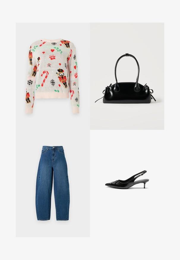 Lys beige sweater med juletema mønstre, herunder nisseknækkere, gaver, slikstænger og hjerter. Ribbet lyserød halsudskæring og mansjetter.; Denimjeans i en mellemblå vask, med højt liv, bred benpasform og standard fem-lomme design med synlige stikninger.; Sorte læder slingback-pumps med spids tå, lav kitten-hæl og rynket detalje på overdelen. Glat tekstur og minimalistisk design.; Lille sort blank håndtaske med to lange håndtag og snøre-detaljer i siden på en ensfarvet lys baggrund.