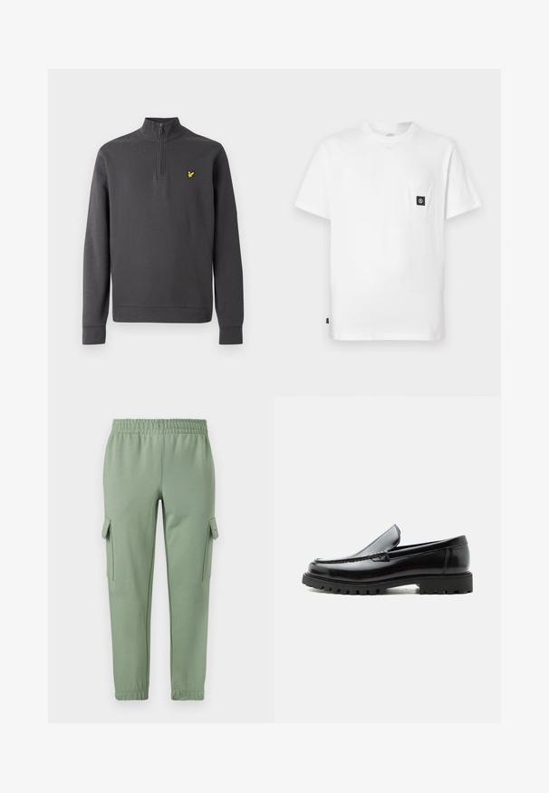 Pull-over à manches longues gris foncé avec fermeture éclair d'un quart et petit logo d'oiseau jaune brodé sur la poitrine gauche.; T-shirt en coton blanc avec encolure ronde, manches courtes et une poche poitrine ornée d'un patch logo noir. Texture lisse, coupe décontractée.; Pantalons de survêtement vert clair avec une taille élastique, des jambes fuselées et deux poches cargo latérales. Fabriqués en tissu doux et respirant.; Mocassin en cuir noir avec semelle en caoutchouc épaisse, dessus cousu et nom de marque embossé sur le talon, présenté de profil sur fond blanc.