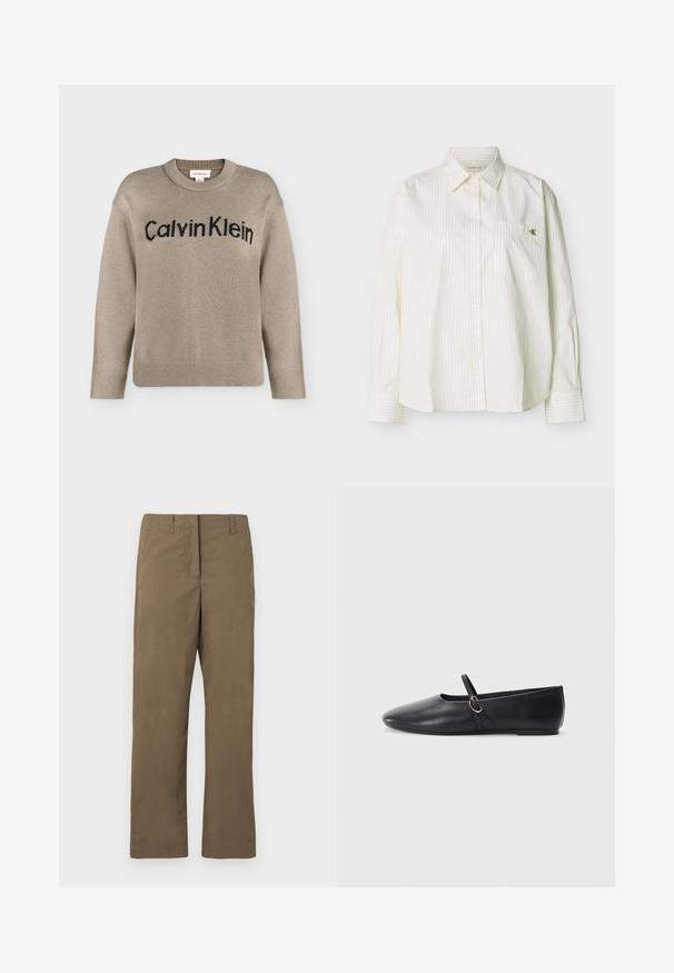 Pull en tricot beige à manches longues avec poignets et ourlet côtelés, portant le logo "Calvin Klein" noir sur la poitrine.; Chemise blanche à manches longues avec boutons, fines rayures verticales, col pointu, poche poitrine avant et petit logo doré "cK" sur la poche.; Pantalons droits marron en tissu mélangé de coton. Comprend des passants de ceinture, une poche avant et une texture lisse sans motifs.; Ballerines noires en cuir avec un bout pointu, une semelle plate et une petite sangle avec un détail de boucle en argent.