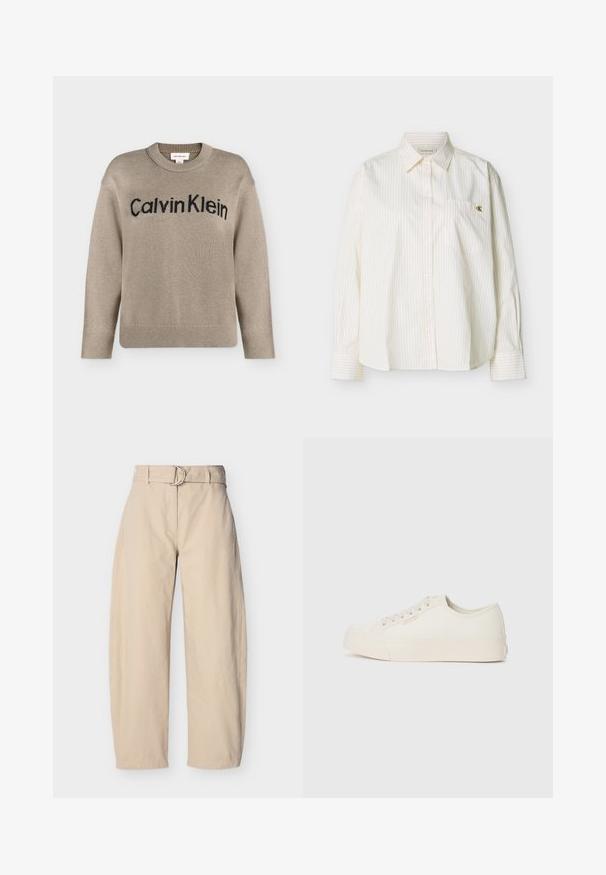 Pull en tricot beige à manches longues avec poignets et ourlet côtelés, portant le logo "Calvin Klein" noir sur la poitrine.; Chemise blanche à manches longues avec boutons, fines rayures verticales, col pointu, poche poitrine avant et petit logo doré "cK" sur la poche.; Pantalon beige à jambes larges en coton, doté d'une taille ceinturée avec une boucle ronde en métal, de poches latérales et d'une texture lisse.; Baskets en toile écrue, avec un design basse, bout rond et semelle en caoutchouc plate avec des détails de couture subtils.