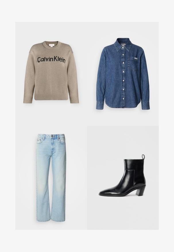 Beige strikket langærmet sweater med ribstrikkede manchetter og kant, med "Calvin Klein"-logo i sort over brystet.; Blå denimskjorte med lange ærmer, knaplukning foran, krave, enkelt brystlomme og diskrete syningsdetaljer. Glat tekstur og afslappet pasform.; Lyseblå brede jeans lavet af denim med et klassisk fem-lomme design og en subtil falmet tekstur. Denim-syninger er synlige.; Sort læder ankelstøvle med spids tå, geometrisk stablet hæl og en løftestrop bagpå. Glat tekstur og slankt design.