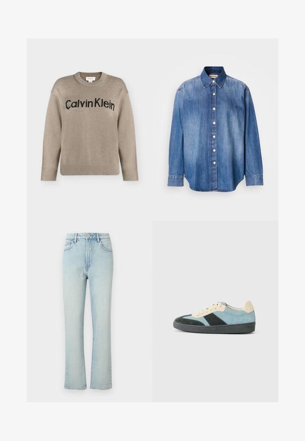 Pull en tricot beige à manches longues avec poignets et ourlet côtelés, portant le logo "Calvin Klein" noir sur la poitrine.; Chemise en jean boutonnée, couleur bleu clair, manches longues, col classique, boutons sur le devant et ourlet légèrement arrondi. Texture lisse.; Jean bleu clair taille haute à jambes droites avec bouton avant, passants de ceinture et design classique à cinq poches sur fond uni.; Baskets basses en suède bleu clair, vert foncé et beige avec semelle noire et lacets beiges, présentées de l'extérieur.